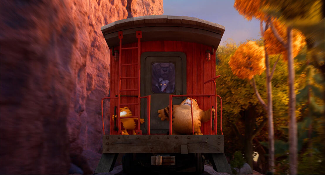 "Train Ride" procedural 3D models (cliff wall and rocks), scattered tree cards, sky and clouds matte painting The Garfield Movie
