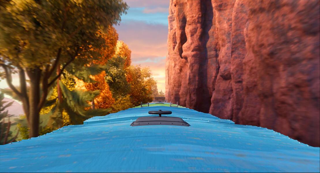 &quot;Train Ride&quot; procedural 3D models (cliff wall and rocks), scattered tree cards, sky and clouds matte painting The Garfield Movie
