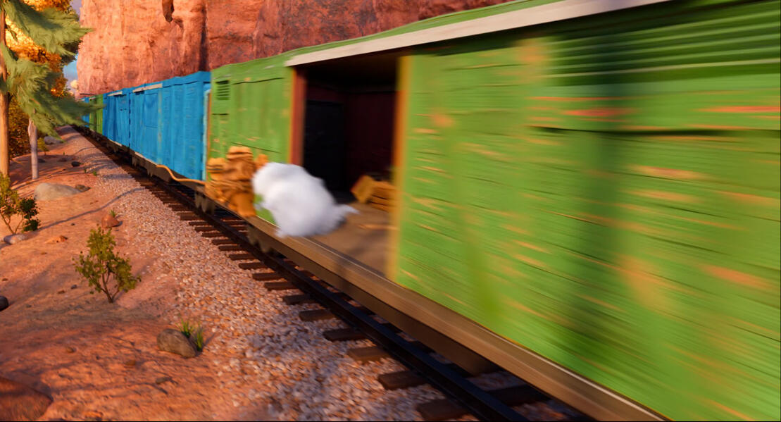&quot;Train Ride&quot; procedural 3D models (cliff wall and rocks), scattered tree cards, sky and clouds matte painting The Garfield Movie