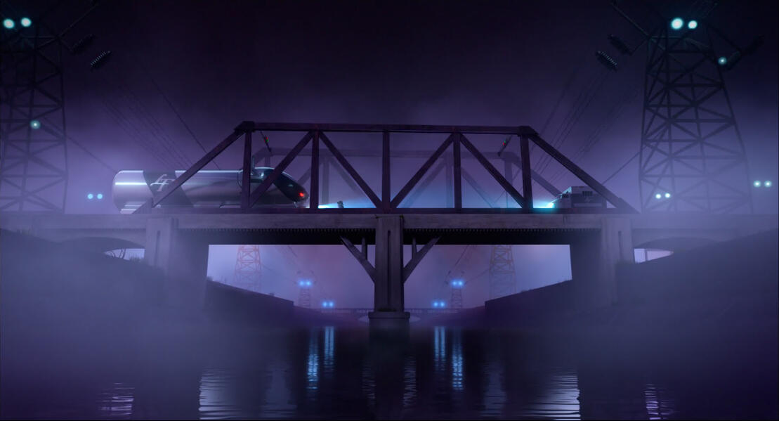 "River Bridge" environment rough layout and 3D model The Garfield Movie