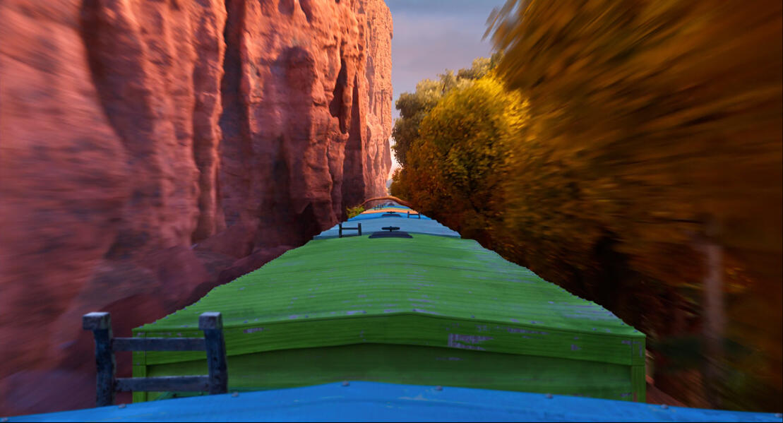 &quot;Train Ride&quot; procedural 3D models (cliff wall and rocks), scattered tree cards, sky and clouds matte painting The Garfield Movie