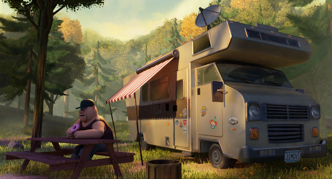 Camper van 3D model + texture paintover (2.5D projection in Nuke) The Garfield Movie